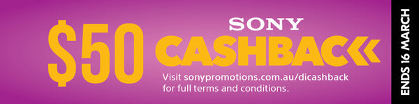 Sony cashback offer with $50 cashback on a purple background