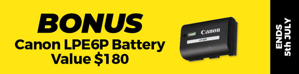 Canon LPE6P battery on a yellow background with text about a bonus offer.
