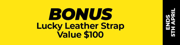 Promotional banner with 'Bonus Lucky Leather Strap' offer on a yellow background