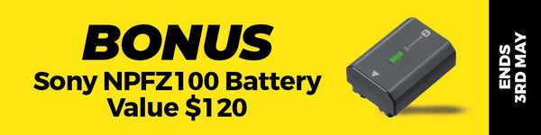 Promotional banner for Sony NPFZ100 battery with a yellow background and text.