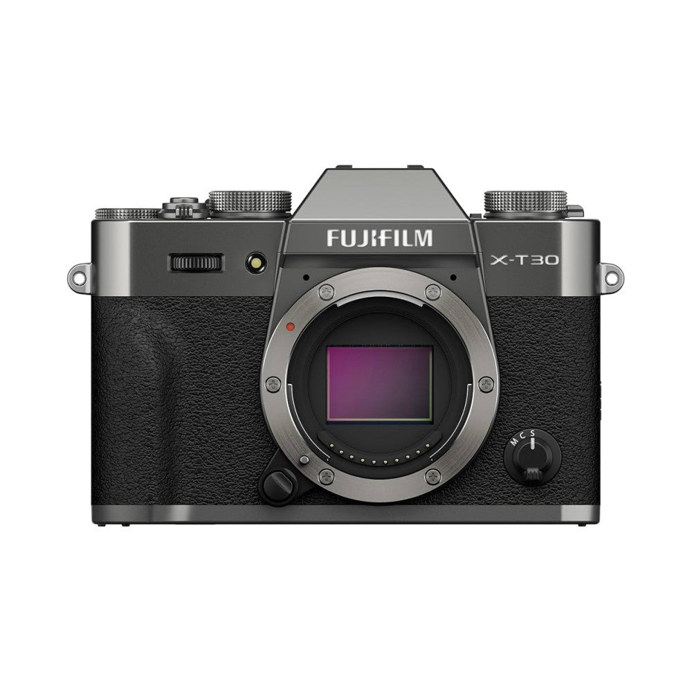 Front view of Fujifilm X-T30 III mirrorless camera in charcoal gray, showing lens mount, sensor, and top controls against white background.