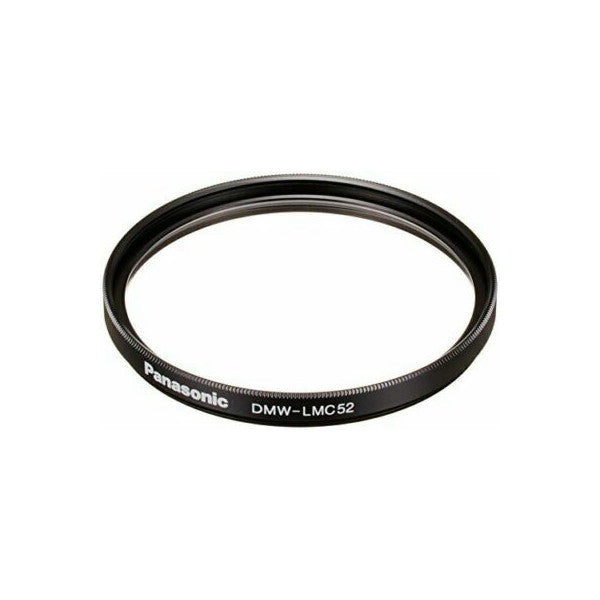 Circular camera lens filter with black metal frame and text "Panasonic DMW-LMC52" printed on rim, shown against white background.