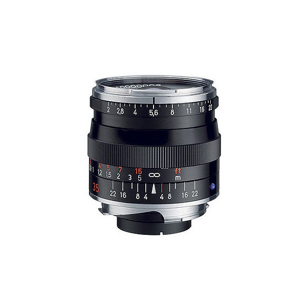 Front view of Zeiss Biogon 35mm f/2.0 lens showing focus ring, aperture scale, and depth-of-field markings in black and silver.
