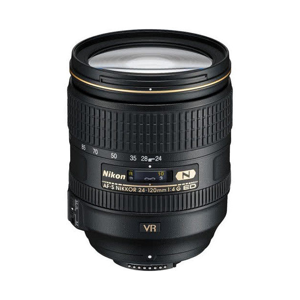 Front view of a black Nikon AF-S NIKKOR 24-120mm f/4G ED VR zoom lens against a white background, showing the barrel with focal length markings and gold trim ring.