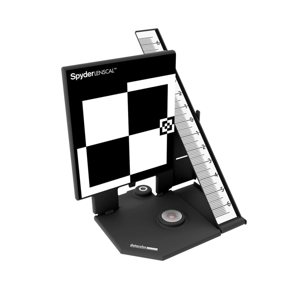 Datacolor Spyder LensCal autofocus calibration tool displayed at an angle, showing the checkerboard focus chart and measurement scale against black base.