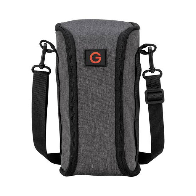 Gray and black lens pouch with red G logo, shown front view with dual shoulder straps and carry handles against white background.
