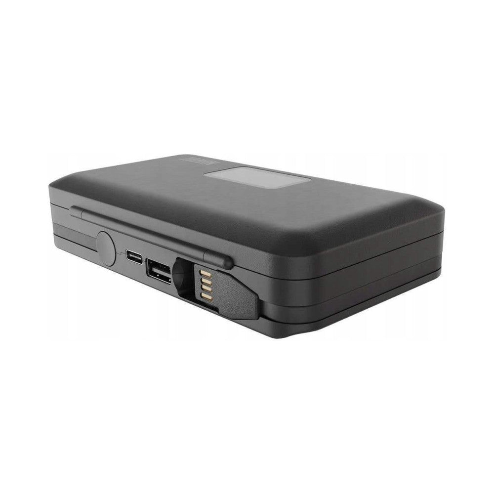Black rectangular dual charger viewed from the side, showing two USB ports, a power button, and a charging connector port on the front face.
