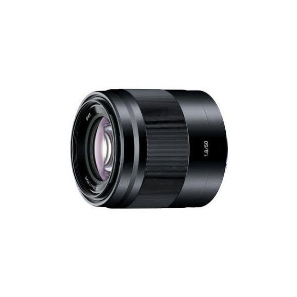 Black Sony E-mount 50mm f/1.8 lens shown from the front-angled view against white background, displaying the barrel, focus ring, and lens markings.