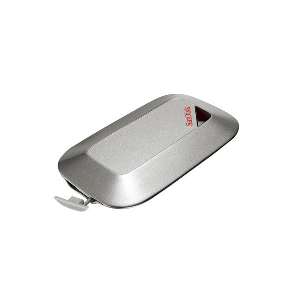 Silver SanDisk Memory Vault flash drive shown at an angled side view, displaying the metallic casing with red SanDisk branding and triangular access slot.