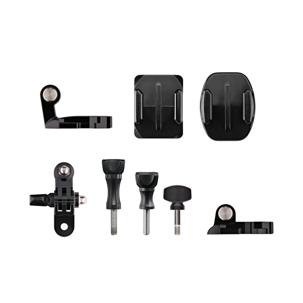 Flat lay product display showing GoPro mounting accessories including adhesive mounts, articulating arms, and various attachment brackets arranged on white background.