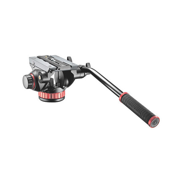 Side view of Manfrotto video head with fluid pan-tilt mechanism, showing red accents, pan handle, and flat base mount against white background.