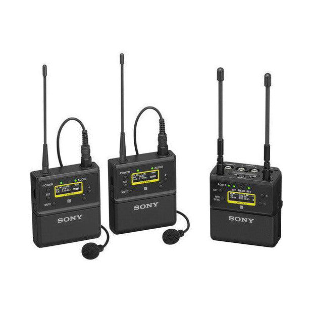 Three black Sony wireless microphone units displayed against white background, showing transmitters with lavalier mics and central receiver unit with antennas.