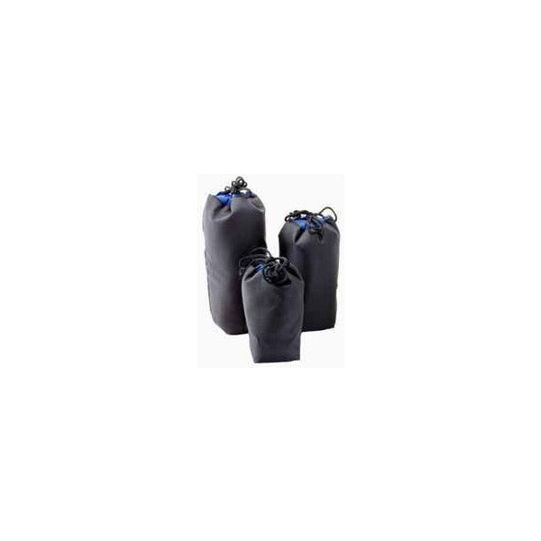 Three gray drawstring pouches of varying sizes arranged in a group display shot against a white background.
