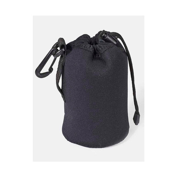 Black neoprene lens pouch with drawstring closure and carabiner clip, shown from front angle against white background.