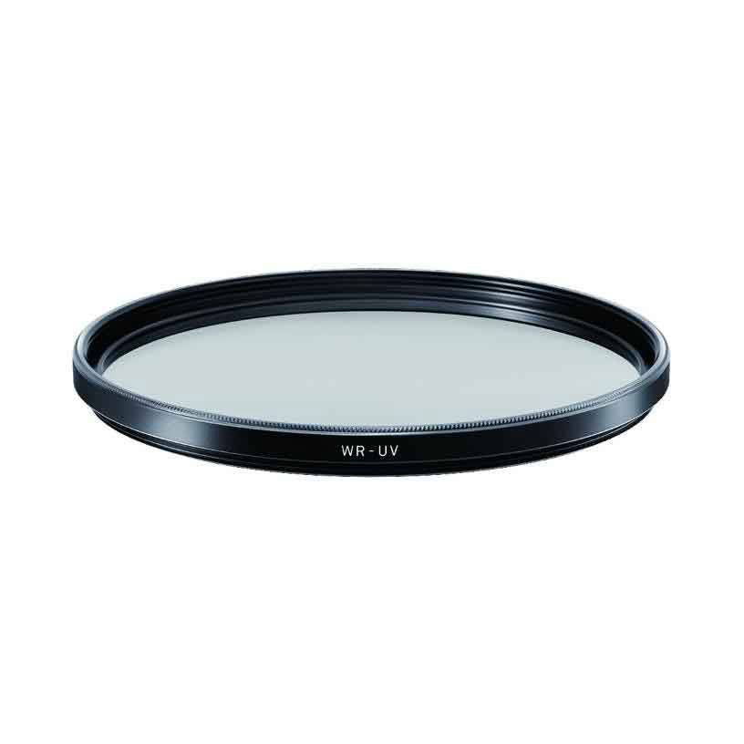 Circular lens filter with black aluminum frame shown at an angle against white background, displaying WR-UV labeling on the rim.