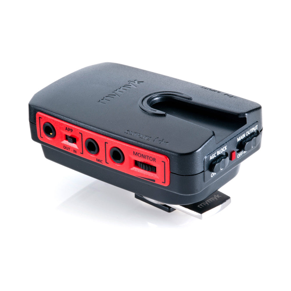 Black and red on-camera audio mixer shown at an angle, displaying input jacks, monitor controls, and mounting foot against white background.