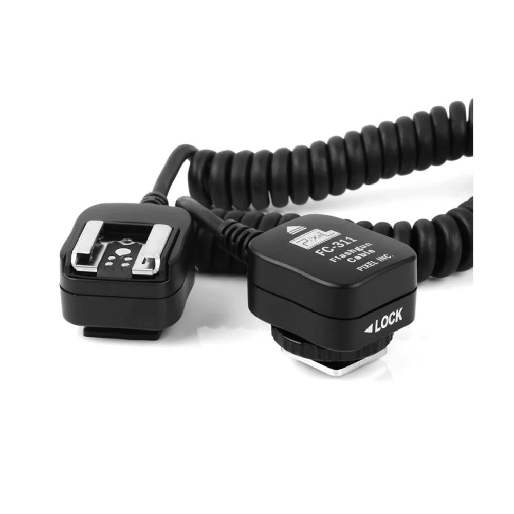 Black coiled TTL cord with two connectors - one showing button controls on left, other labeled with lock mechanism on right, against white background.