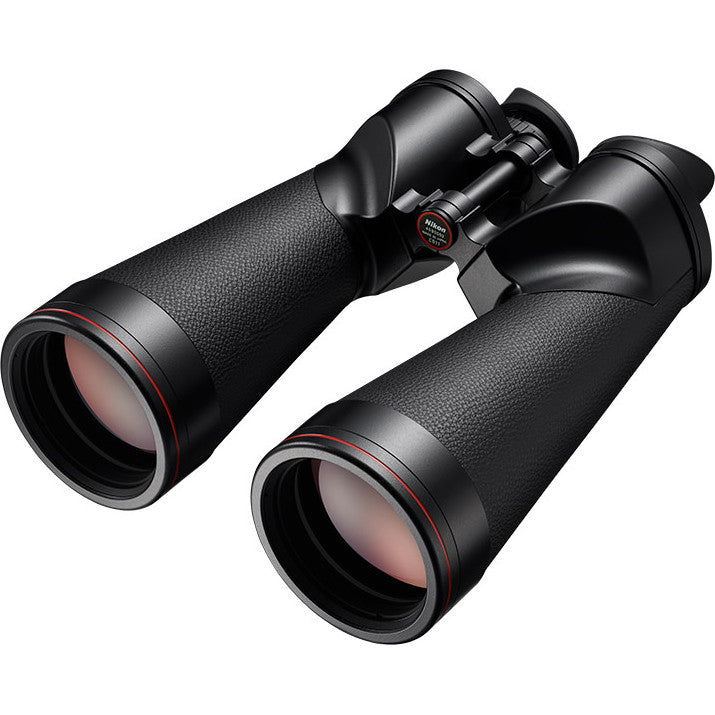 Pair of black Nikon binoculars with textured rubber grip displayed at a three-quarter angle against white background