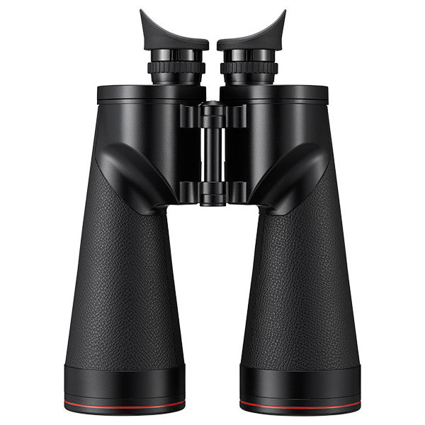 Front view of black Nikon 18x70IF WP binoculars with textured rubber coating and red accent bands on white background.