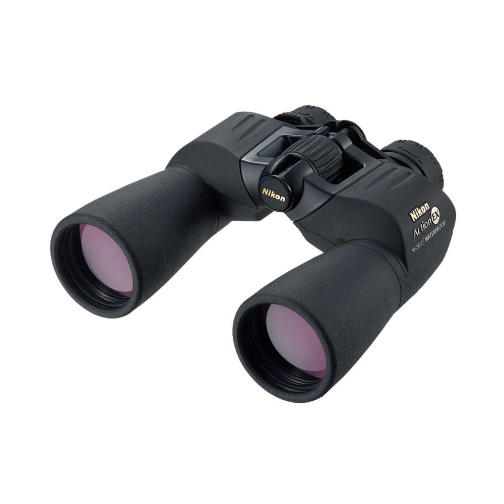 Black Nikon Action EX 16x50 binoculars displayed at a three-quarter angle against a white background, showing the front objective lenses and focusing wheel.