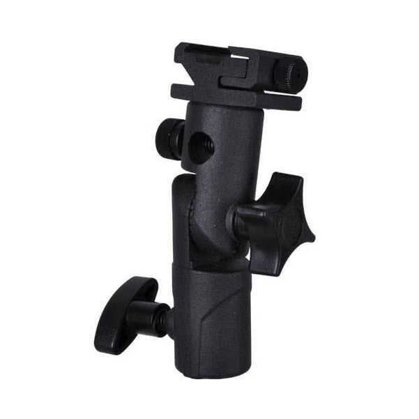 Black plastic flash bracket mount shown from side angle, displaying cold shoe slot on top and rotating ball head with adjustment knobs.