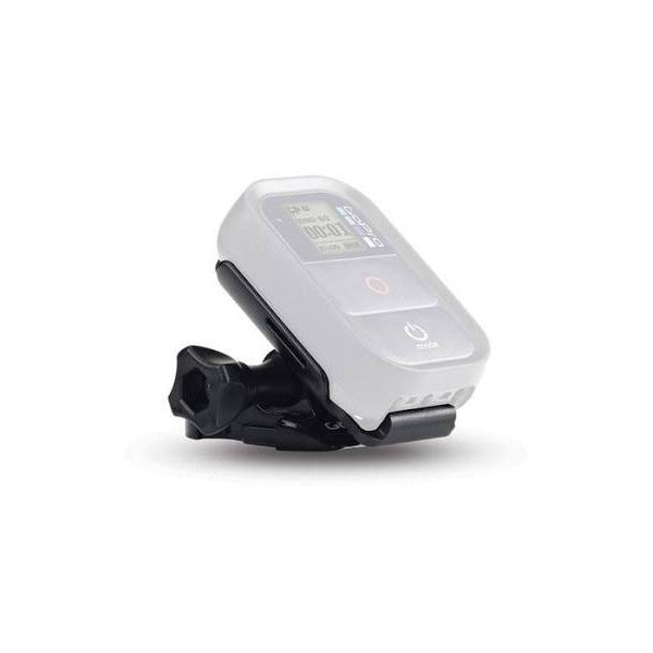 Black wristband-style remote mount holding a white GoPro remote device, shown from a side angle against white background.