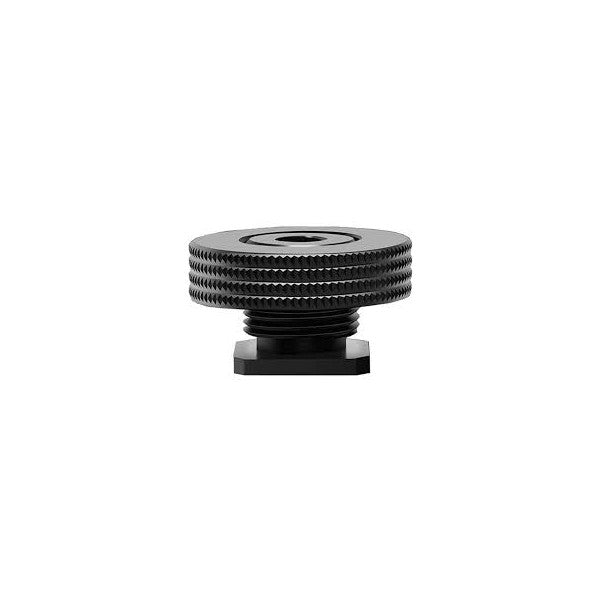 Black threaded metal adapter with knurled top ring shown from front angle against white background
