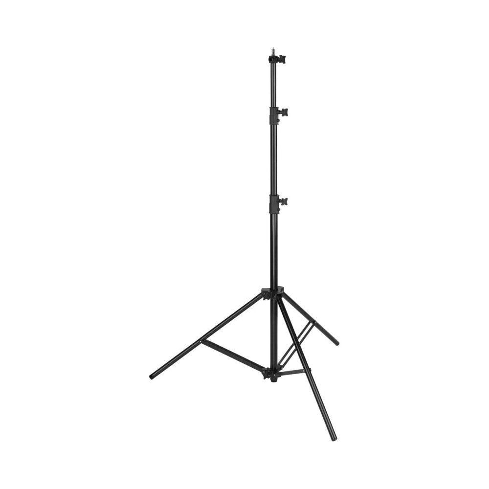 Black tripod light stand with adjustable height pole and three-leg base against white background, side view.