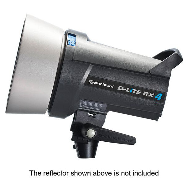Side view of Elinchrom D-Lite RX4 flash head with silver reflector attachment and black handle against white background.