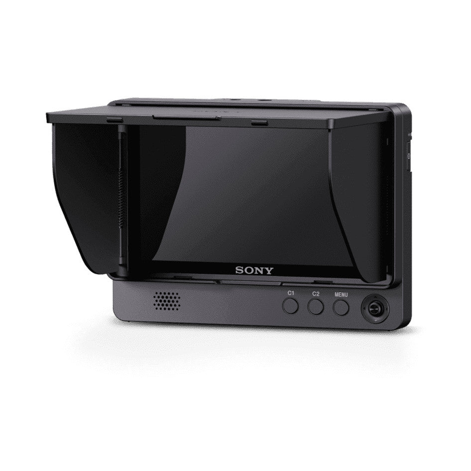 Sony CLM-FHD5 monitor shown at three-quarter angle displaying black screen with sun hood attached and control buttons visible on base.