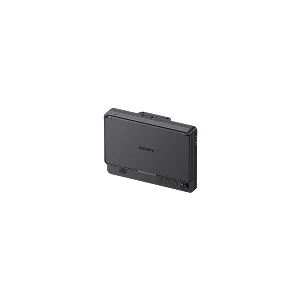 Black Sony CLM-FHD5 monitor shown at three-quarter angle, displaying compact rectangular design with screen face, control buttons below, and mounting bracket visible.