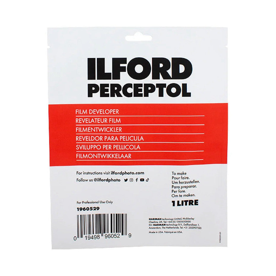 Front of Ilford Perceptol film developer 1 liter powder packet packaging against white background, showing red band with product name and multilingual text.