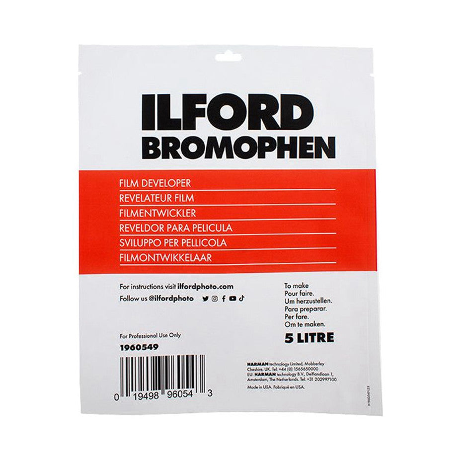 Front of Ilford Bromophen 5 Litre film developer package showing product name, red band with language translations, barcode, and manufacturer details.