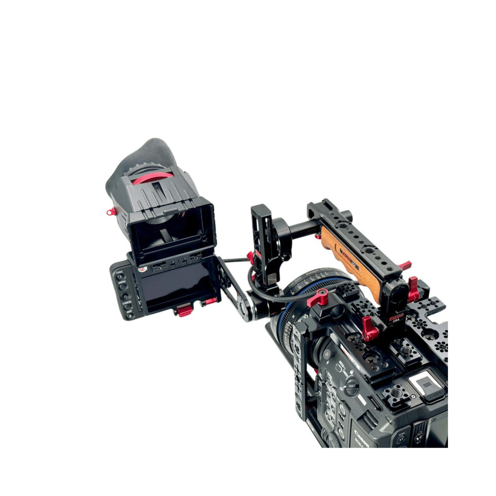 Canon C400 camera rig with Z-Finder monitor and matte box mounted on support rails, displayed at an angle against white background.