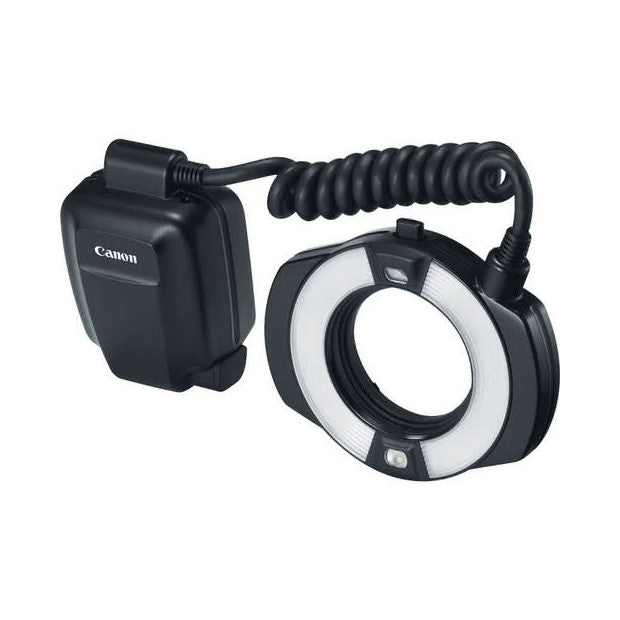 Canon MR-14EX II macro ring flash shown from the side, displaying the circular flash head with white reflector panel and black battery pack connected by coiled cable.