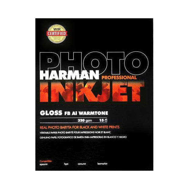 Front of Harman Professional Inkjet Photo Paper packaging box showing product name, specifications, and WIR certification seal on black background.