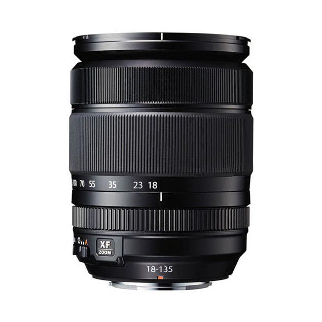 Front view of black Fujifilm XF 18-135mm zoom lens with focus ring, focal length markings, and XF zoom indicator visible.