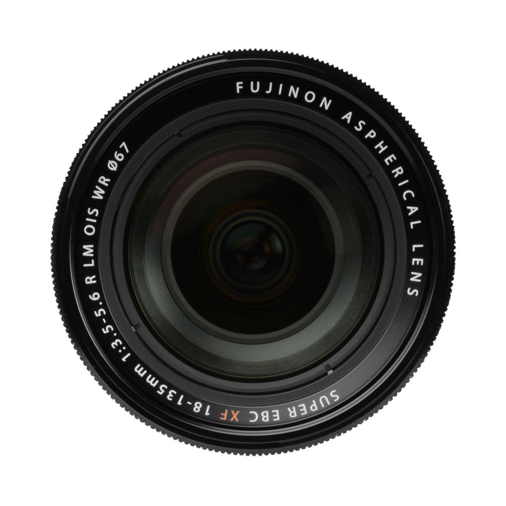 Front view of black Fujifilm XF 18-135mm zoom lens showing barrel, lens elements, and white text specifications.