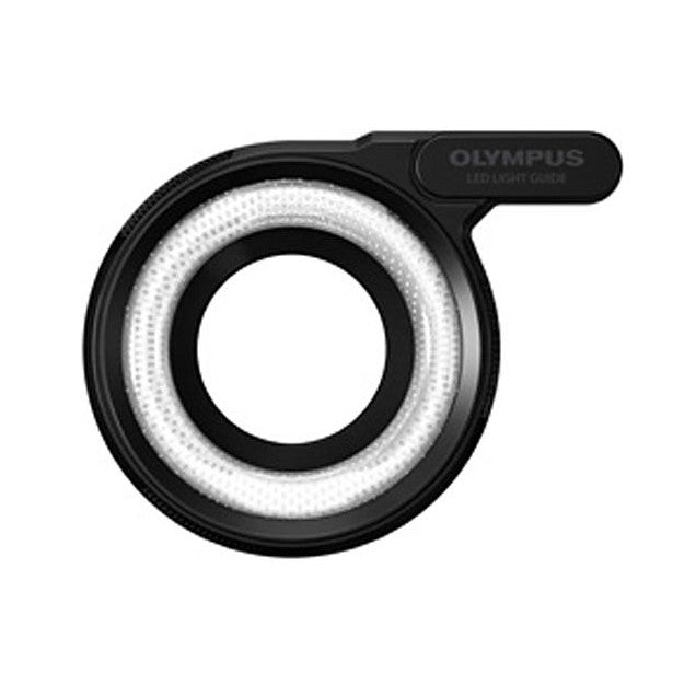 Black circular LED ring light guide with white illuminated ring and side attachment handle, product shot on white background.