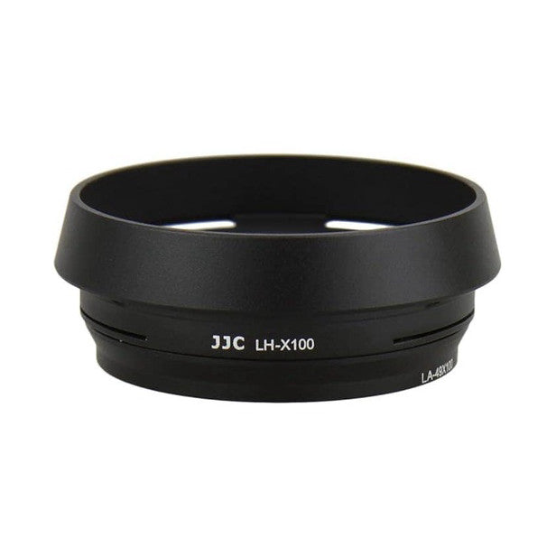 Black cylindrical lens hood shown at an angle displaying the JJC LH-X100 branding and adaptor ring component.