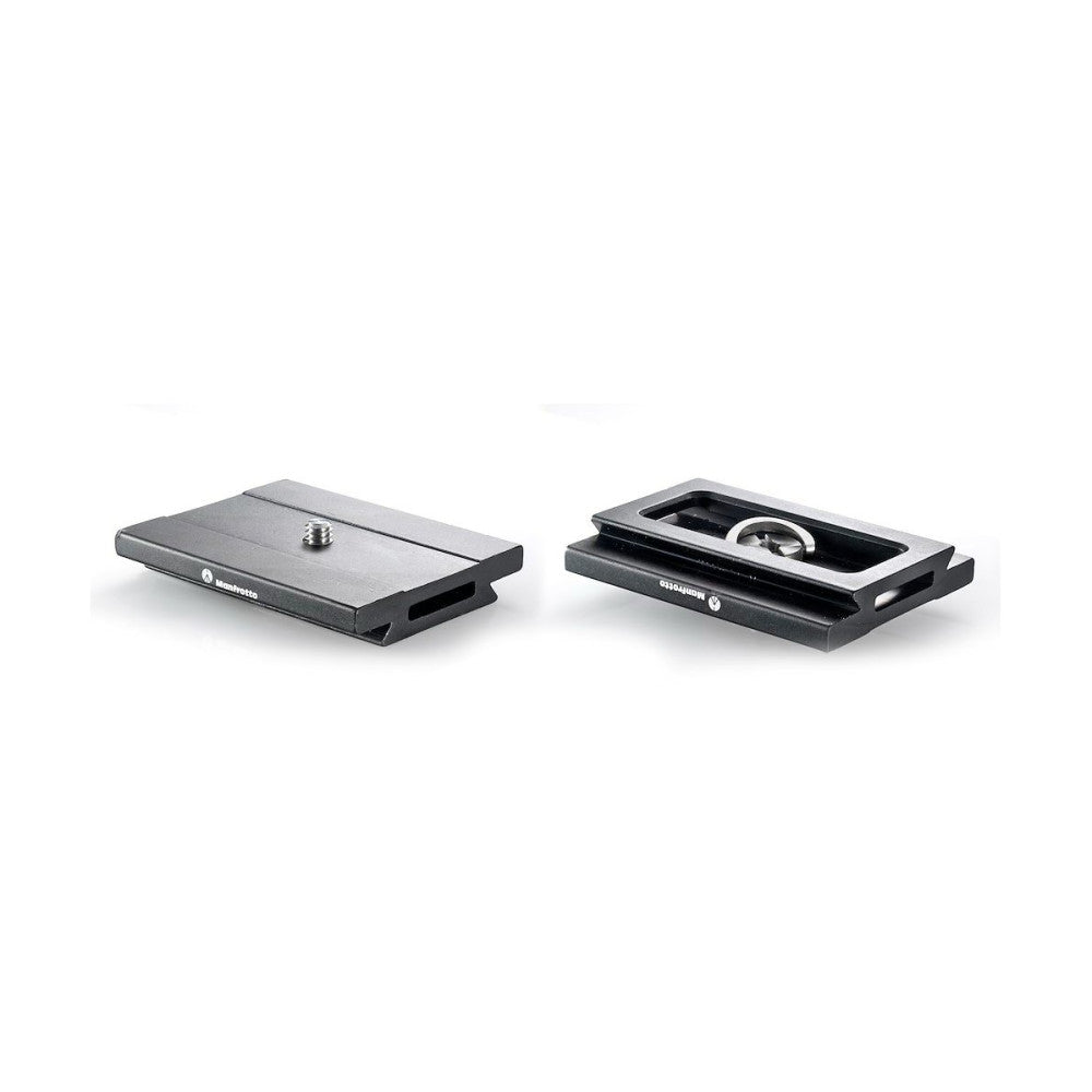 Two black Manfrotto quick release plates shown front and back views against a white background, displaying the mounting surface and quick release mechanism.