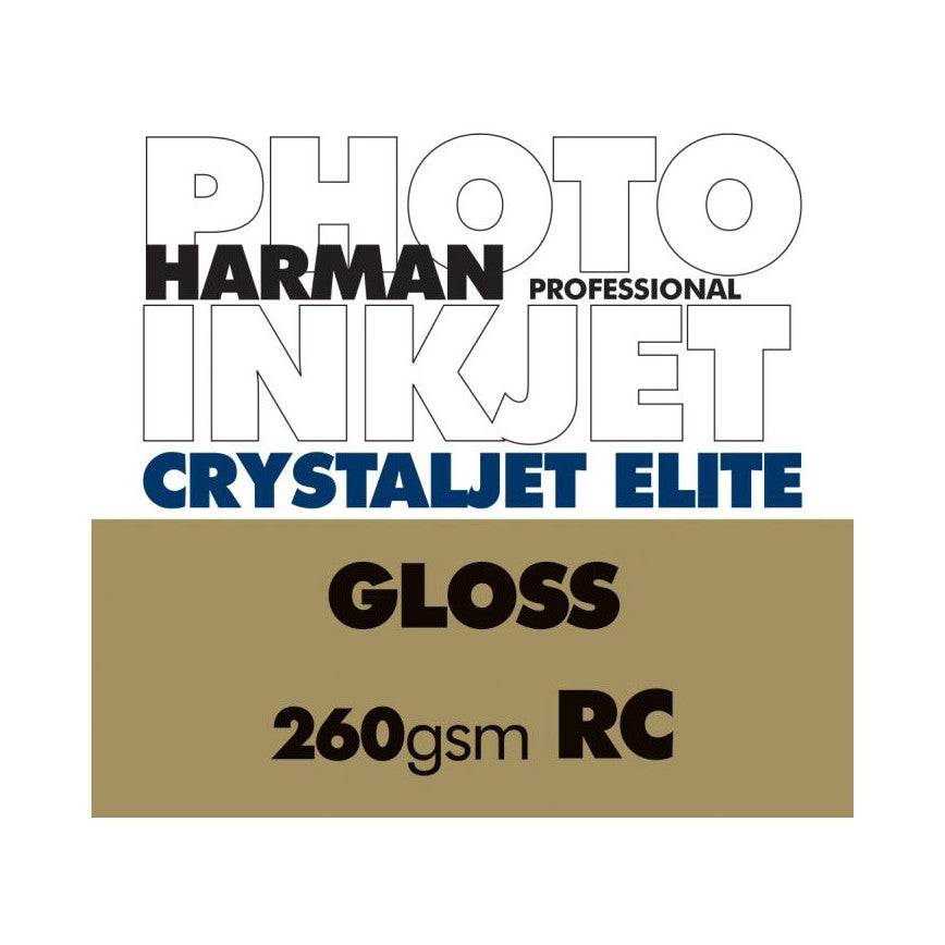 Product packaging label for Harman CrystalJet Elite glossy photo paper showing specifications: 260gsm RC, displayed front-facing.