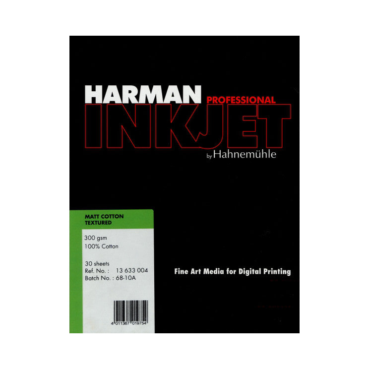 Product packaging label for Harman Professional Inkjet paper showing specifications including 300gsm weight, 100% cotton composition, and reference number details.