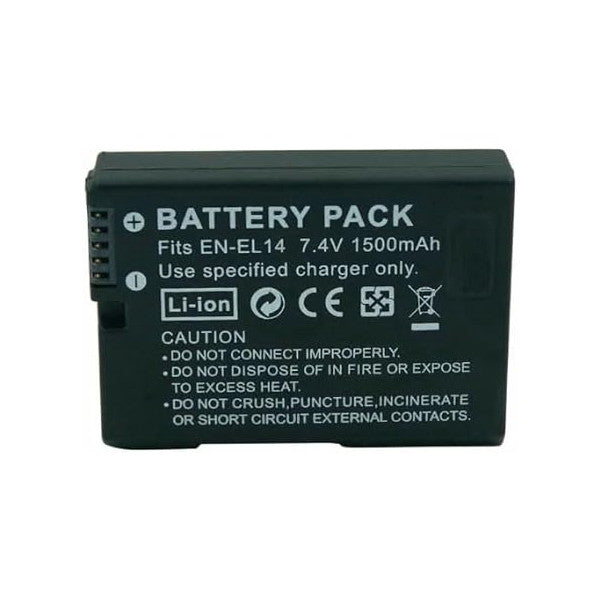 Front view of a black lithium-ion battery pack showing specifications, safety warnings, and regulatory markings for EN-EL14 7.4V 1500mAh.