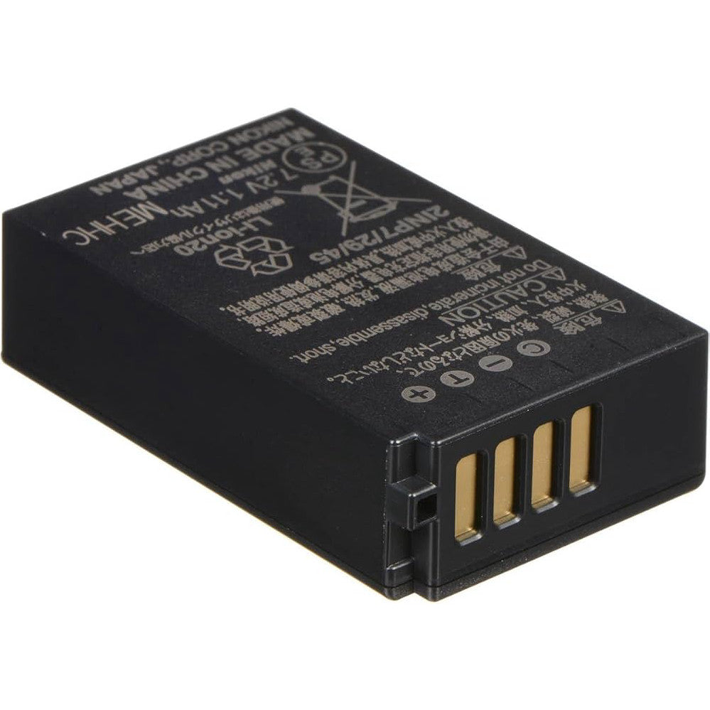 Black rectangular rechargeable battery with gold contact pins, shown at angle against white background displaying label and specifications.