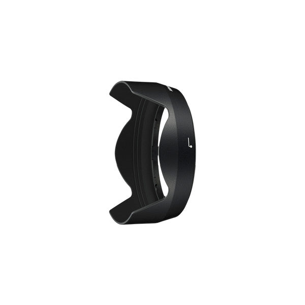 Black Nikon HB-76 bayonet lens hood shown from side angle against white background, displaying curved shape and mounting ring with L marking.