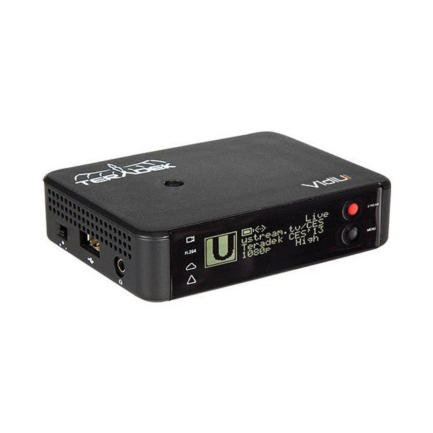 Black rectangular Teradek Vidiu wireless streaming encoder shown from angled top view, displaying front panel with small screen, buttons, and connectivity ports.