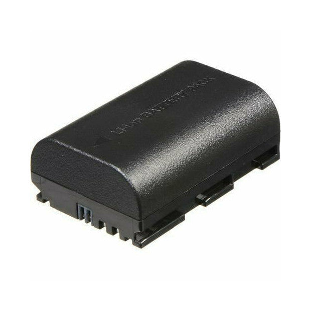 Black rechargeable camera battery shown at three-quarter angle against white background, displaying textured surface and contact pins.