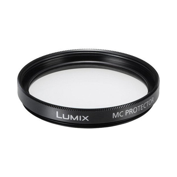 Black circular camera lens filter with white "LUMIX" branding and "MC PROTECTOR" text, shown at slight angle against white background.