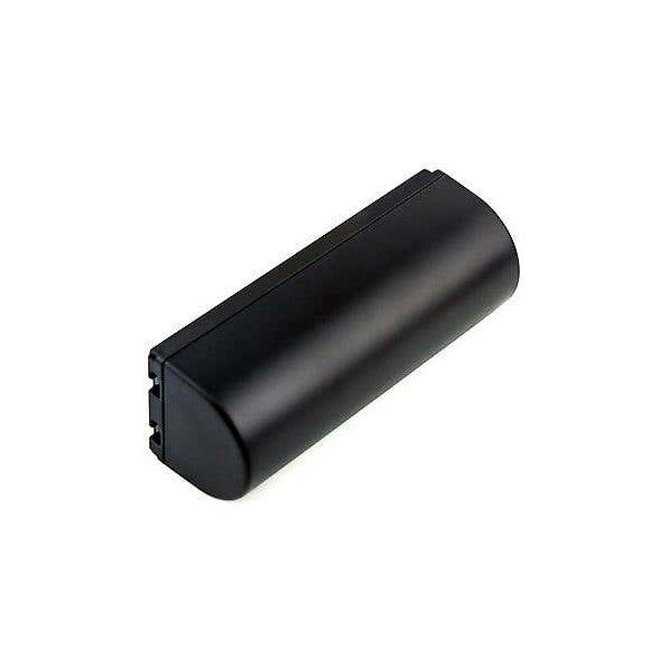 Black cylindrical battery pack shown at an angle against white background, displaying rectangular connector port on one end.